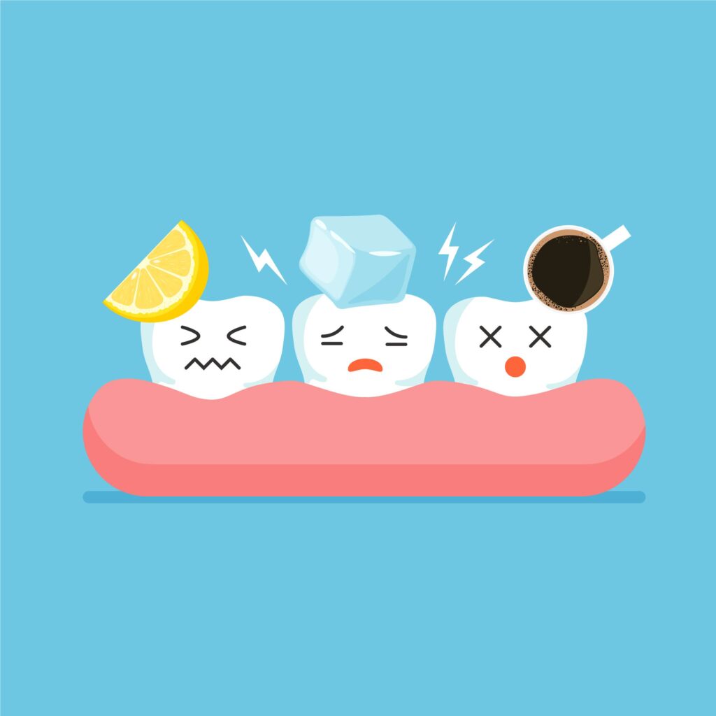 Illustration of teeth reacting to lemon, ice, and coffee, showing signs of sensitivity.